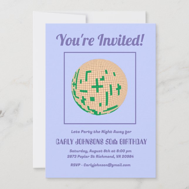 Invitation Retro les années 70 Purple Green Yellow Disco 50e  (Devant)