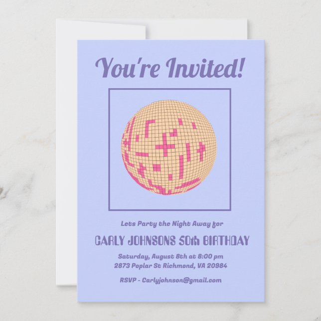Invitation Retro les années 70 Purple Rose Yellow Disco 50e a (Devant)
