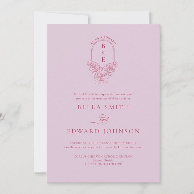 Invitation Retro Lilac Magenta Floral Monogram Crest Mariage (Devant)