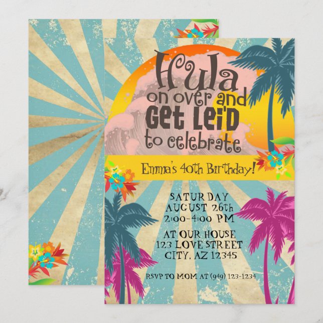 Invitation Retro Luau Hawaiian Tropical Hula sur Anniversaire (Devant / Derrière)