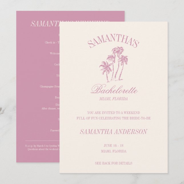 Invitation Retro Luxe Palms Roses Bachelorette Logo Girl Trip (Devant / Derrière)