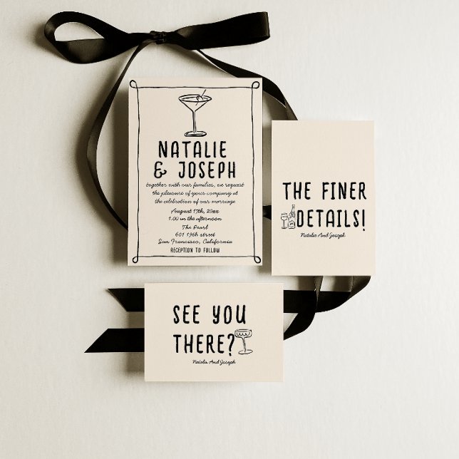 Invitation Rétro Main dessinée Cocktail Écrit Mariage Quirky (Créateur téléchargé)