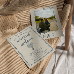 Invitation Retro Main dessinée Marine bleu Funky Photo Mariag