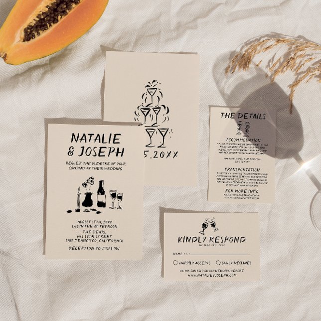 Invitation Rétro Main Drawn Champagne Écrit Mariage Quirky (Créateur téléchargé)