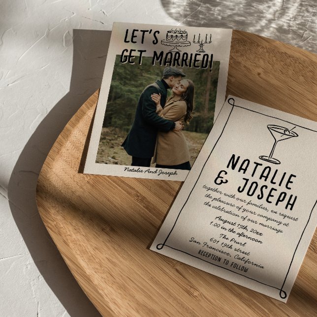 Invitation Retro Main Drawn Cocktail Écrit Photo Mariage (Créateur téléchargé)