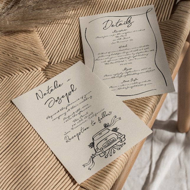 Invitation Rétro manuscrit tiré mignon tout en un Mariage (Créateur téléchargé)