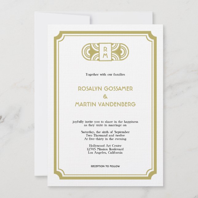 Invitation Rétro mariage fascinant de Hollywood d'art déco (Devant)