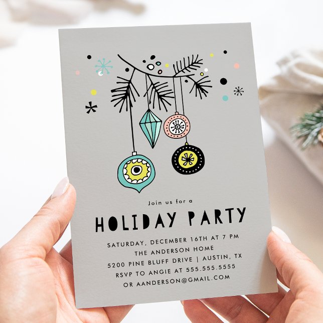 Invitation Retro Mid Century Ornements Gris Fête de Fêtes (Créateur téléchargé)
