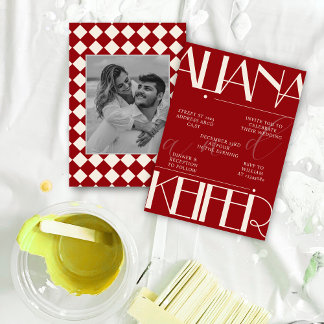 Invitation Rétro minimaliste À damiers Motif rouge Mariage