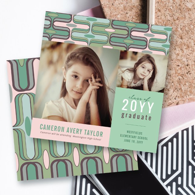 Invitation Retro Mod Rose et Mint Ogee 2 Diplôme photo (Retro Mod Pink & Mint Green Ogee Zig Zag, 2 Photo Graduation Invitation @ zazzle.com/color_therapy)