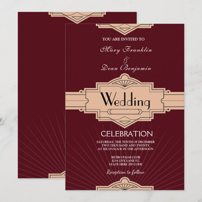 Invitation Retro Moderne Bourgogne Rusty Art Déco Mariage (Devant / Derrière)