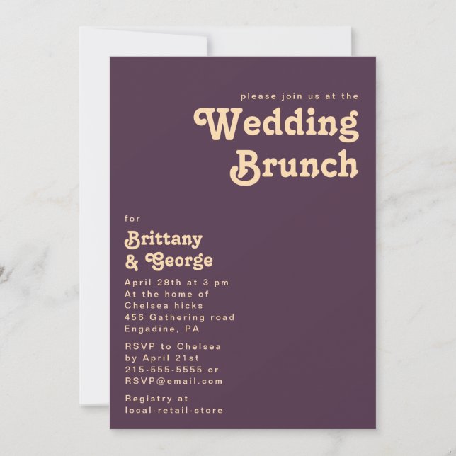 Invitation Rétro moderne | Brunch Mariage violet foncé (Devant)