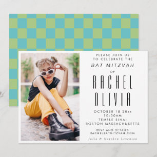 Invitation Retro Moderne Chic Photo Bleu et Vert Bat mitzvah