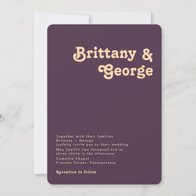Invitation Rétro moderne | Mariage de coin arrondi violet fon (Devant)