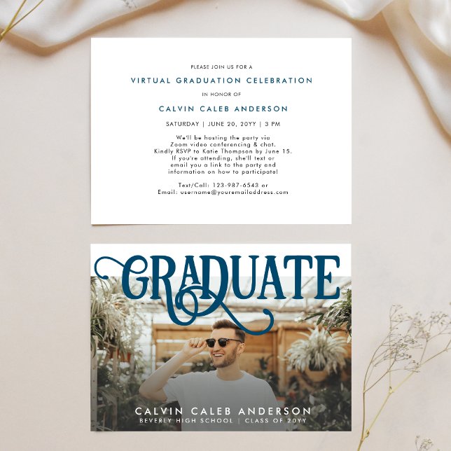 Invitation Retro Navy Blue Photo Graduation virtuelle pour le (Créateur téléchargé)