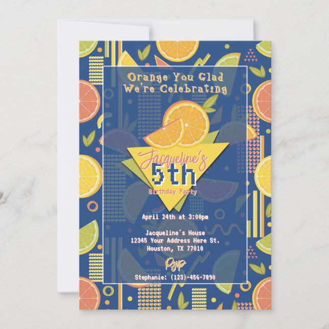 Invitation Retro Navy Blue Summer Citrus Fruit Birthday (Devant)