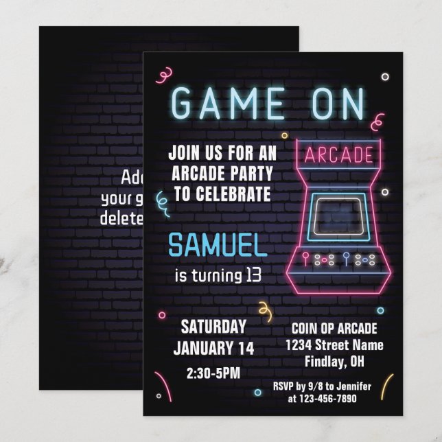 Invitation Retro Neon Arcade Jeu Anniversaire Fête, N'Importe (Devant / Derrière)