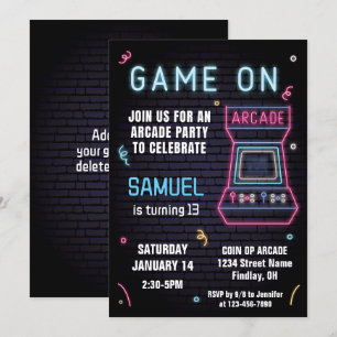 Invitation Retro Neon Arcade Jeu Anniversaire Fête, N'Importe