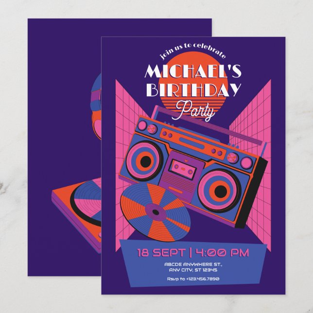Invitation Retro néon musique électro anniversaire (Devant / Derrière)