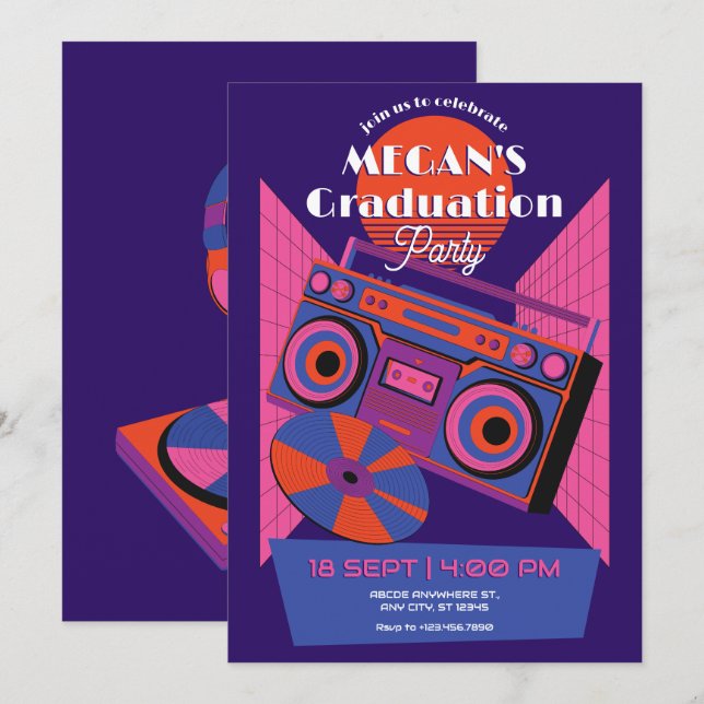Invitation Retro néon musique électro fête de graduation (Devant / Derrière)