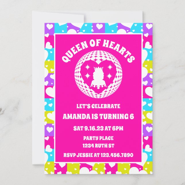 Invitation Retro Neon Queen Of Hearts Photo de fête d'anniver (Devant)