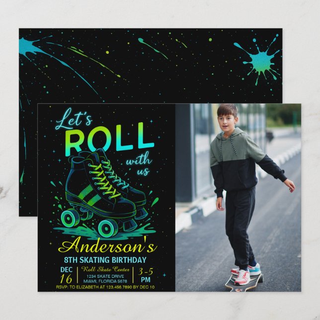Invitation Retro Neon Roller Skate Birthday Photo (Devant / Derrière)