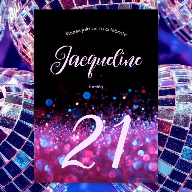 Invitation Retro Neon rose Parties scintillant Llow Script 21 (Créateur téléchargé)