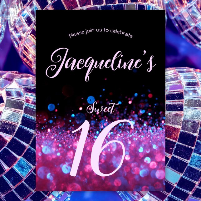 Invitation Retro Neon rose Parties scintillant Script Sweet 1 (Créateur téléchargé)