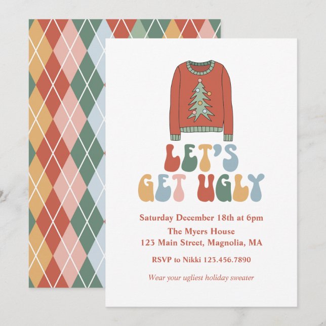 Invitation Retro Noël Fête de Sweat moche (Devant / Derrière)