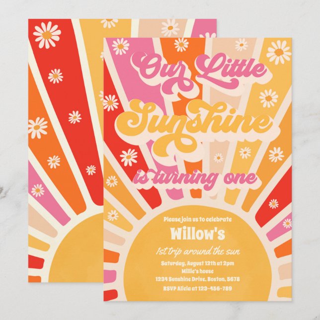 Invitation Retro Notre Petit Soleil 1ère fête d'anniversaire (Devant / Derrière)