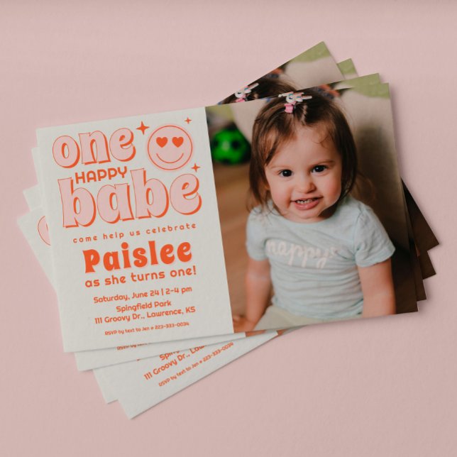 Invitation Retro One Happy Babe Photo Premier anniversaire (Créateur téléchargé)