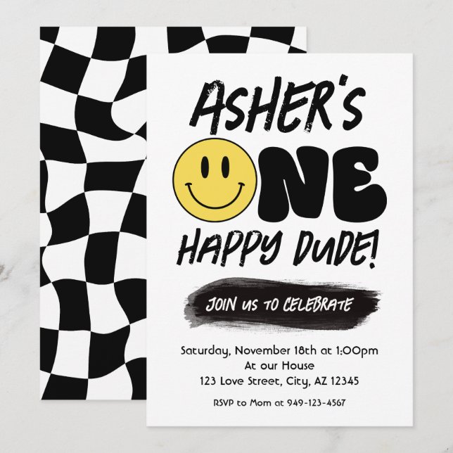 Invitation Retro One Happy Dude Happy Face premier anniversai (Devant / Derrière)