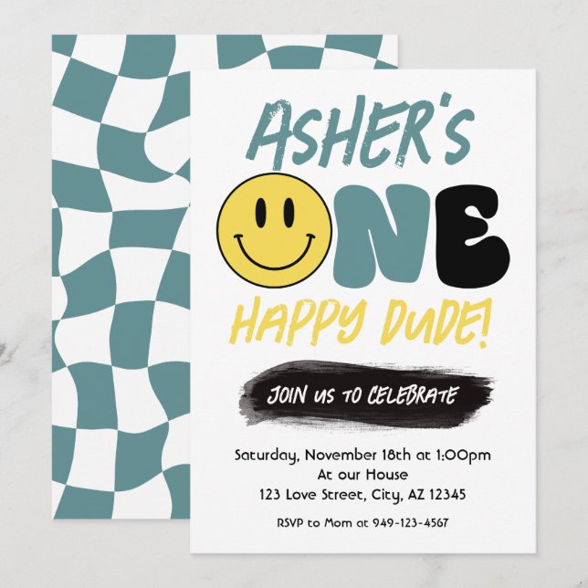 Invitation Retro One Happy Dude Happy Face premier anniversai (Devant / Derrière)
