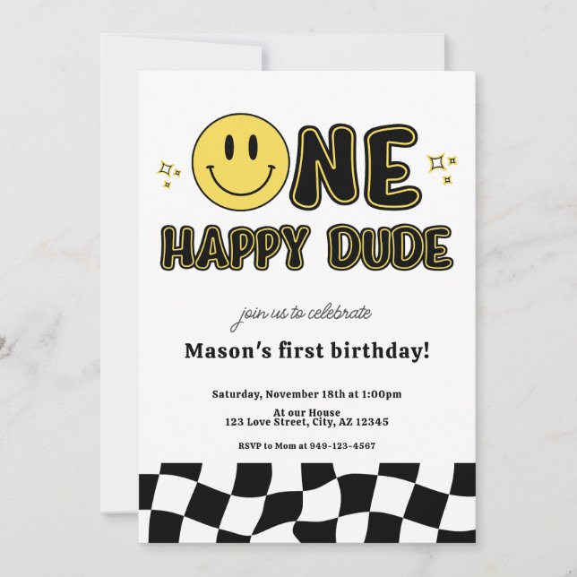 Invitation Retro One Happy Dude Happy Face premier anniversai (Devant)