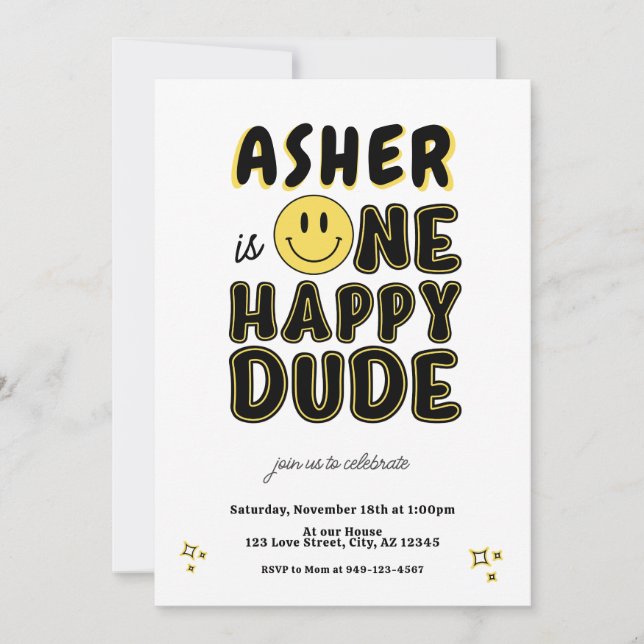 Invitation Retro One Happy Dude Happy Face premier anniversai (Devant)