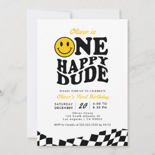 Invitation Retro One Happy Dude Smile Face Boy 1er anniversai