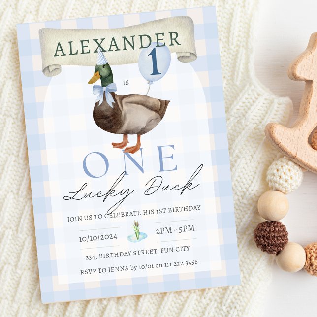 Invitation Retro One Lucky Duck 1er anniversaire En vichy ble (One Lucky Duck 1st Birthday Blue Gingham Invitation for Boy )
