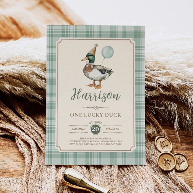 Invitation Retro One Lucky Duck Green Balloon 1st Birthday (Créateur téléchargé)