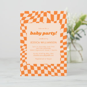 Invitation Retro Orange Abstrait Checkerboard Baby Party