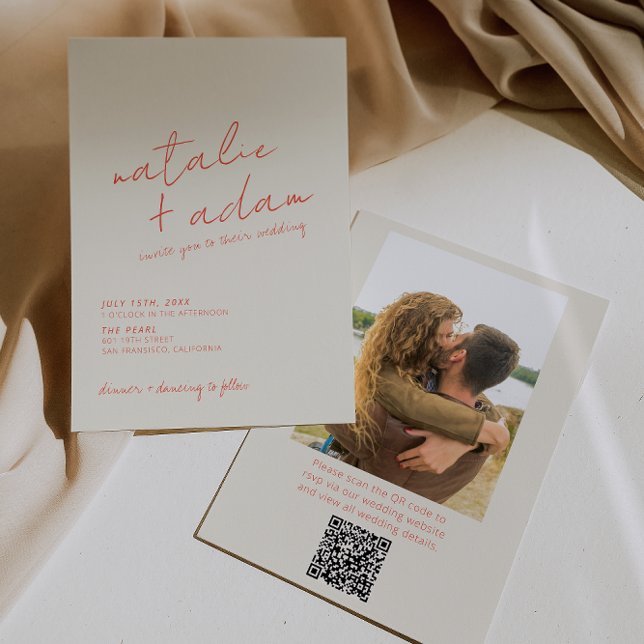 Invitation Retro Orange Fun Whimsical QR Code Photo Wedding (Créateur téléchargé)