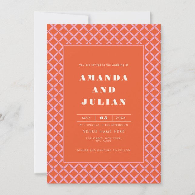 Invitation Retro Orange Mid Century Moderne tout en un Mariag (Devant)