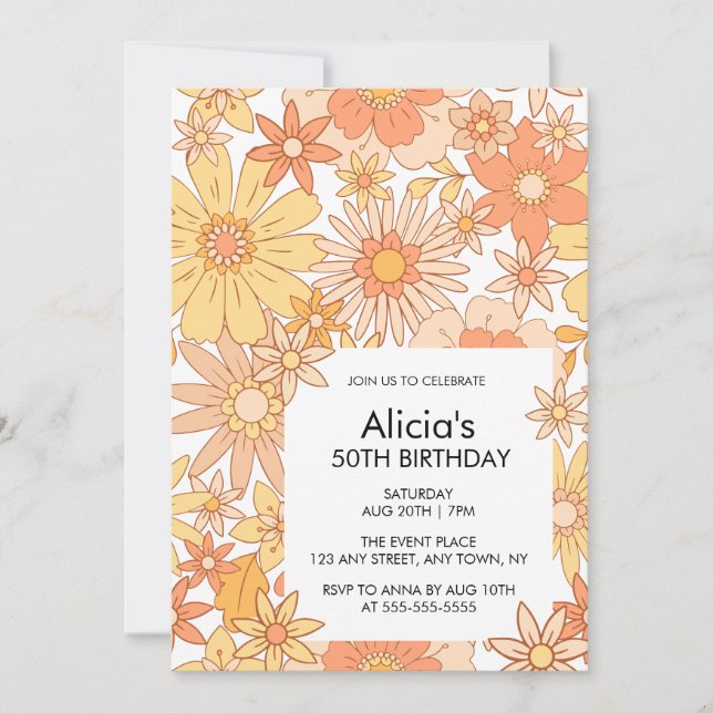 Invitation Retro Orange Peach Flora Motif 50e anniversaire (Devant)