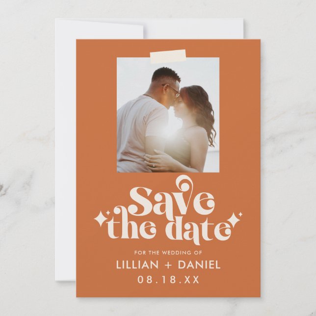Invitation Retro Orange Photo Enregistrer la date Annonce (Devant)