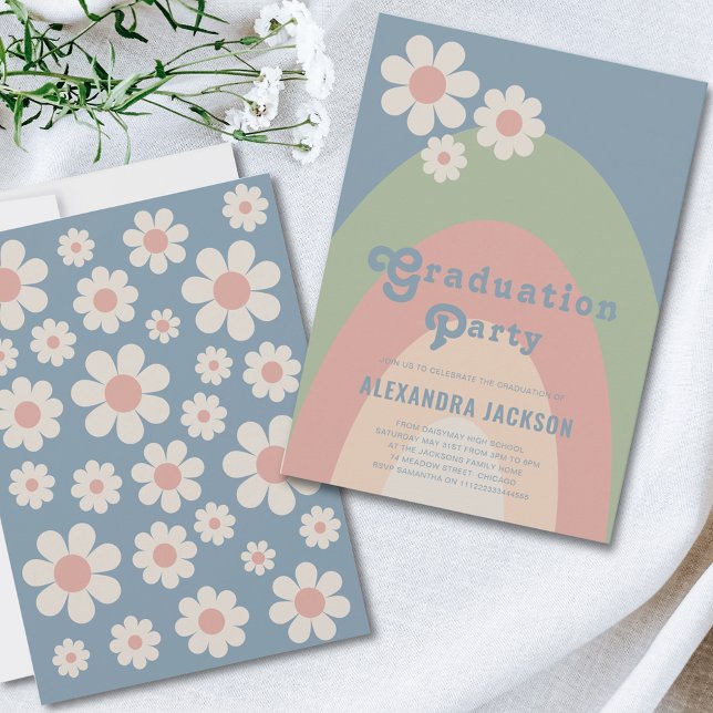 Invitation Retro Pastel Graduation Party (Retro vintage daisy arch graduation party invitation in pastel colors blue green peach pink)
