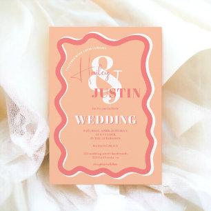 Invitation Retro peach courbe squiggle ondulée photo mariage