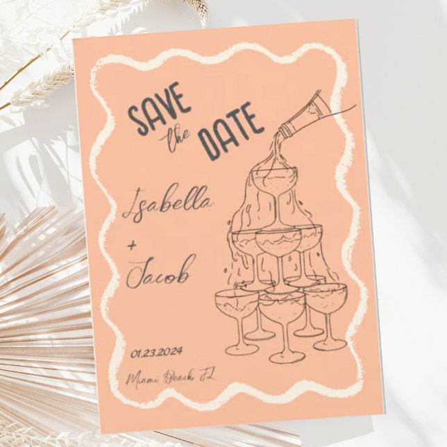 Invitation Retro Peach Wavy Champagne Tower Enregistrer la da (Créateur téléchargé)