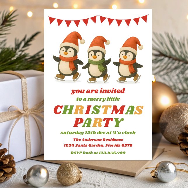 Invitation Retro Penguins Editable Christmas Party (Créateur téléchargé)