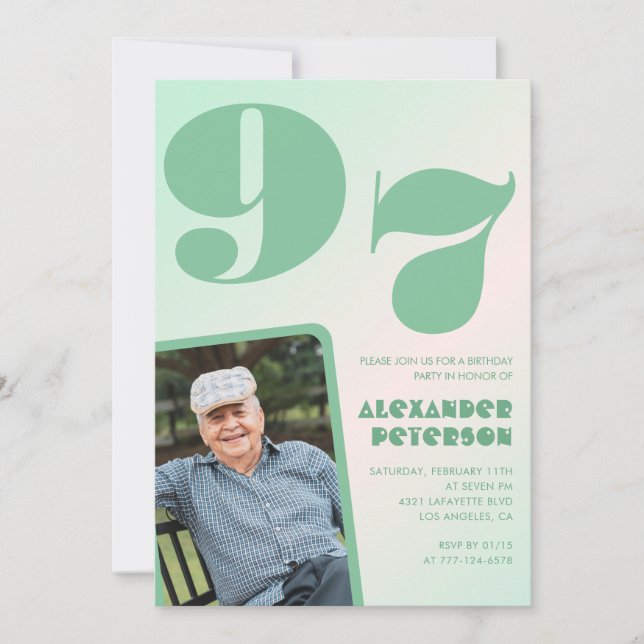Invitation Retro Photo Green Gradient Man 97e anniversaire (Devant)