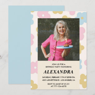 Invitation Retro Photo motif floral 74e anniversaire