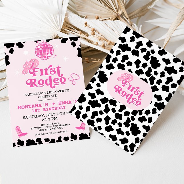 Invitation Retro Pink Disco Twins Premier Rodéo 1er Anniversa (Twin Girls First Rodeo Birthday Invitation, 1st Rodeo Birthday Invite, Southwestern Ranch Western)